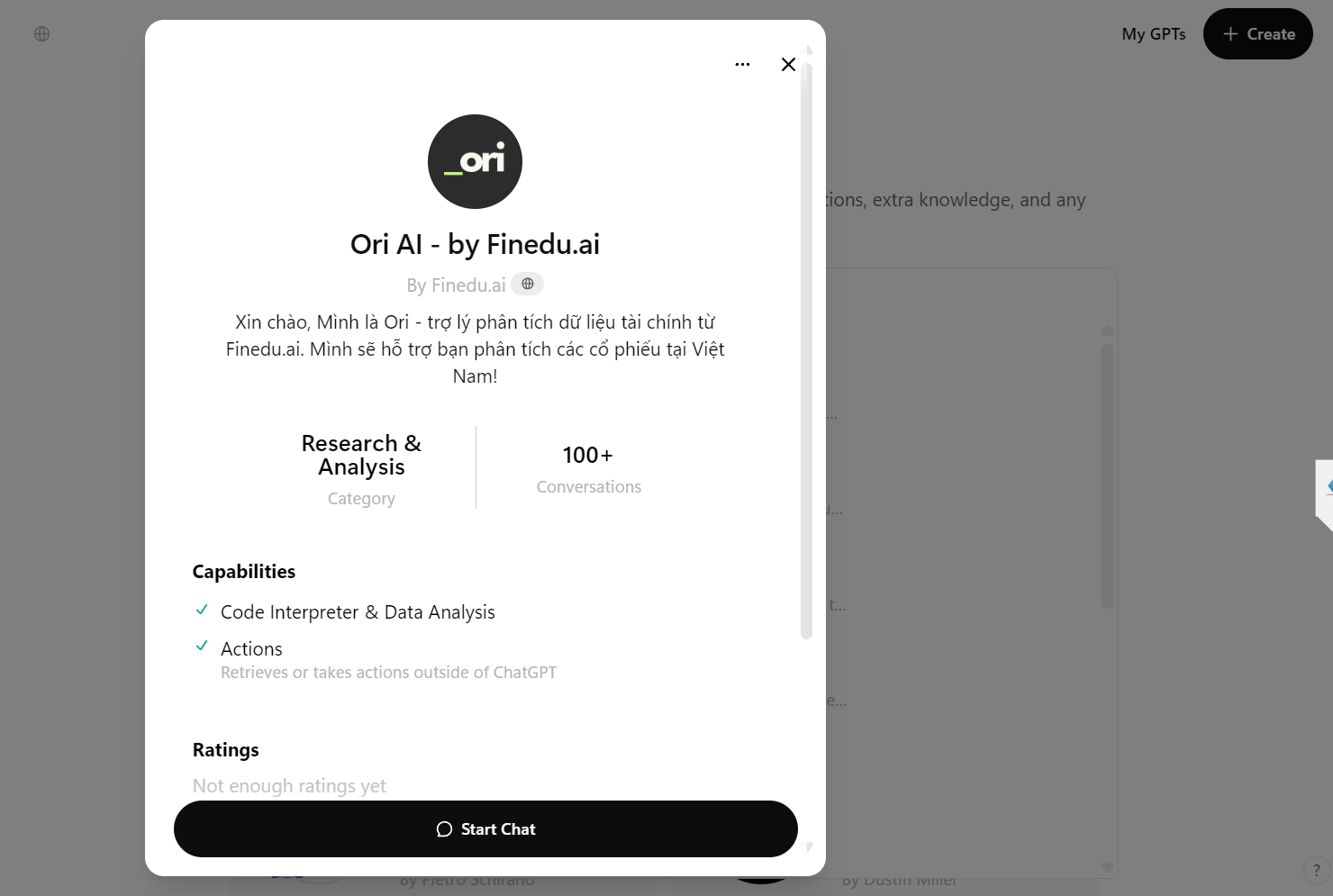 Chọn Start Chat để truy cập Ori